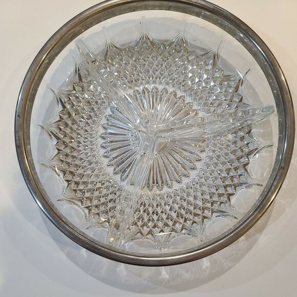 Vintage Silver Rim Lead Crystal Divided 3 Sectioned Shallow Serving Bowl Dish - Picture 1 of 7
